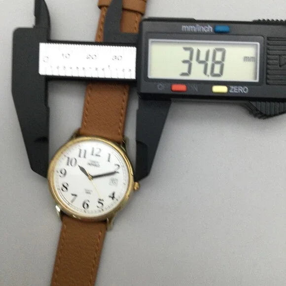 Vtg Timex Indiglo Watch Men 35mm Gold Tone Date Leather Band New Battery - Picture 13 of 15